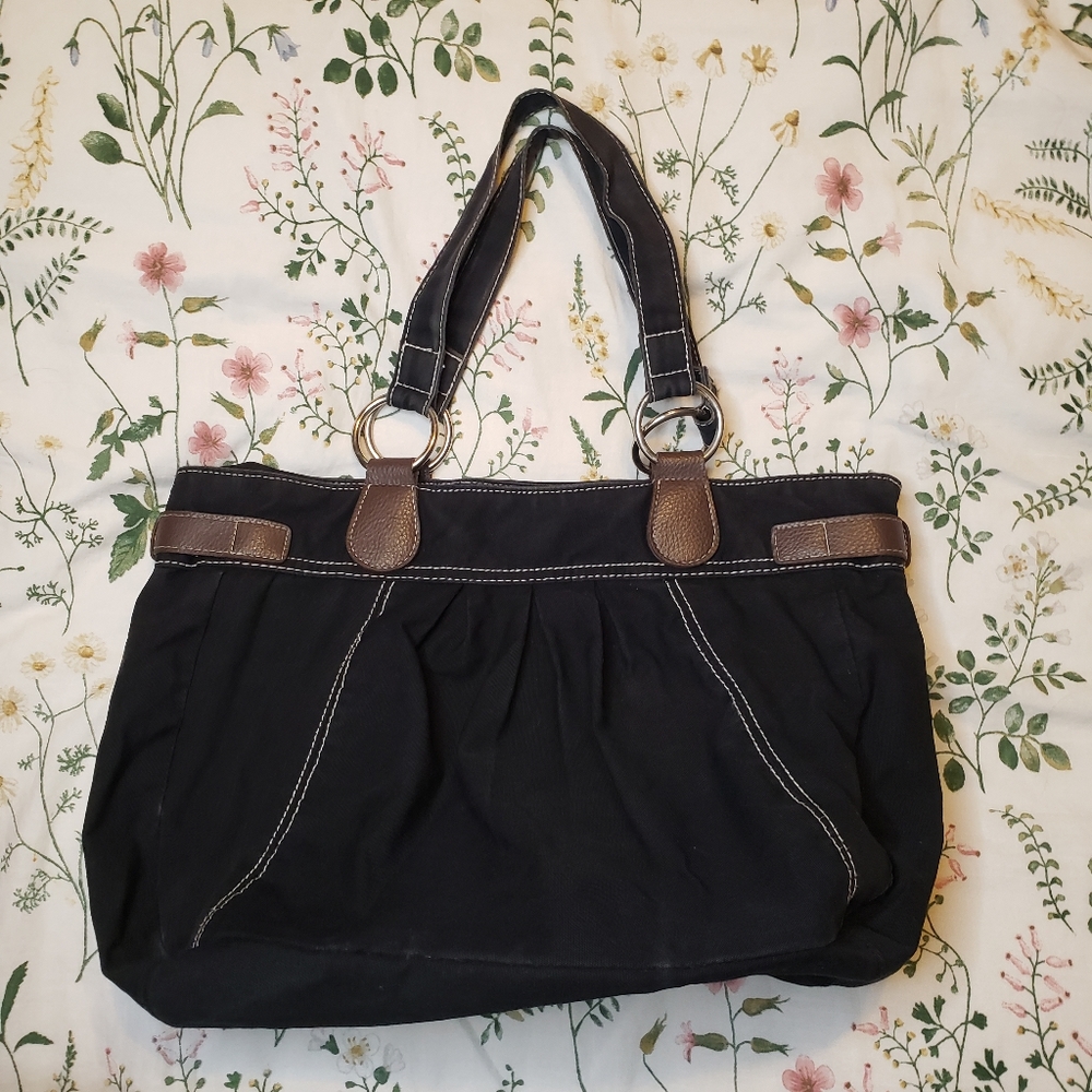 Old Navy Black Canvas & Brown Faux Leather Shoulder Bag